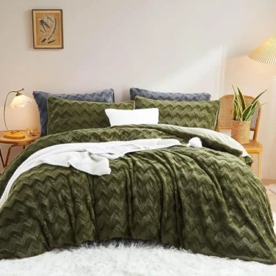 Image of Lanqinglv Plush Bed Linen 135 x 200 cm Green Faux Fur Fluffy Winter Warm Cosy Flannel Fleece Wave Pattern Flannelette Duvet Cover with Zip and 1 Pillowcase 80