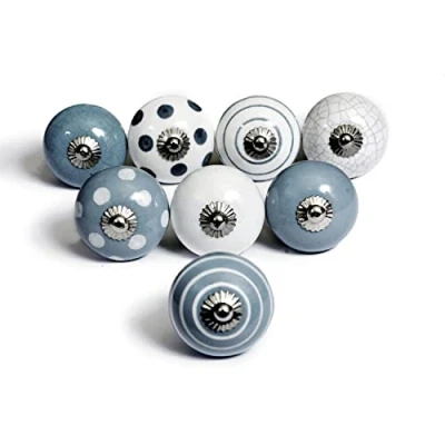 Image of Set of 8 Ceramic knobs in White and Grey, Hand Painted with Different Designs. Handcrafted Handles for cabinets, Drawers, Dressers Hangers. Classic 40mm Diameter.