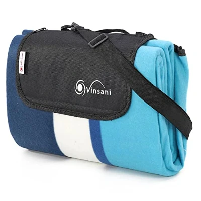 Image of Vinsani 170 x 130cm Folding Picnic Blanket Waterproof &amp; Sandproof Backing Ideal for Camping Outdoor Aqua Stripe Rug Mat with Carry Handle