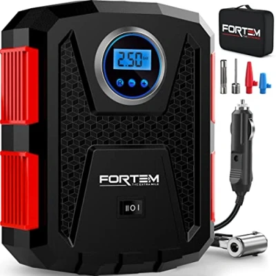 Image of FORTEM Tyre Inflator Air Compressor, Car Pump, 12v, Electric Pump for Tyres w/LED Light, Digital Bikes, Auto Pump/Shut Off, Carrying Case