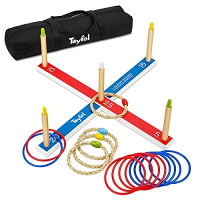 Image of Toyfel Ring Toss Game XXL Mitty Garden Games Quoits Outdoor &amp; Indoor, 15 Rings (10x plastic 5x rope hoops) Throwing Set for Kids Adults, FSC® Pinewood Hoopla