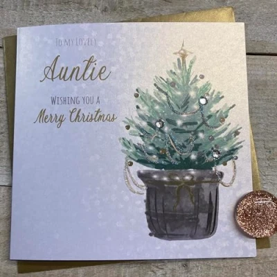 Image of White Cotton Cards AUNTIE CHRISTMAS TREE CARD, HAND FINISHED (C23 124)