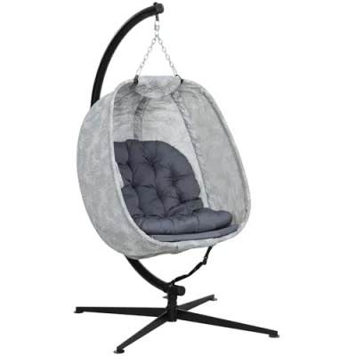 Image of Outsunny Hanging Egg Chair Outdoor Indoor Garden Swing with Folding Basket, Stand, Thickened Cushion, Cup Holder for Patio, Balcony, Grey