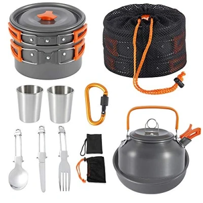 Image of Camping Cookware Kit Outdoor Aluminum Cooking Set for 2 to 3 People Non Stick Folding Pans and Pots Travelling Hiking Picnic BBQ Orange