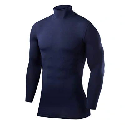 Image of PowerLayer Men&#039;s Compression Base Layer Top Long Sleeve Under Shirt Mock Neck Navy, XL