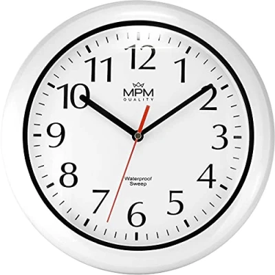 Image of MPM Quality Design Bathroom Wall Clock Made of Plastic and Mineral Glass, Quartz Sweep, 3 5 ATM Waterproof, White/Black, Diameter 305 mm, Also Suitable for Outdoor Use as a Clock, Pool