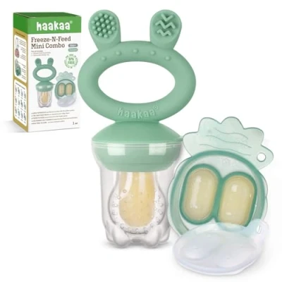 Image of Haakaa Baby Fruit Food Feeder &amp; Mini Freezer Nibble Tray Combo, Breastmilk Popsicle Molds for Cooling Relief, BPA Free Silicone Safe Infant Self Feeding, 4 Month+ (Olive Green)