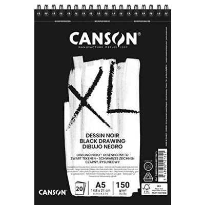 Image of CANSON XL Double Sided (Grained &amp; Smooth) A5 150gsm Black Drawing Paper Spiral Pad, 20 Sheets, Ideal for Professional Artists Students