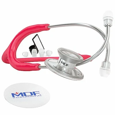 Image of MDF Acoustica Lightweight Stethoscope for Doctors, Nurses, Students, Home Health Use, Adult, Dual Head, Raspberry Tube, Silver Chestpiece Headset, MDF747XP23