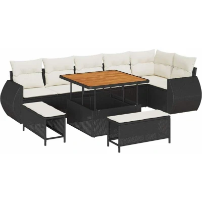 Image of vidaXL 9 Piece Garden Sofa Set with Cushions Black Poly Rattan Acacia