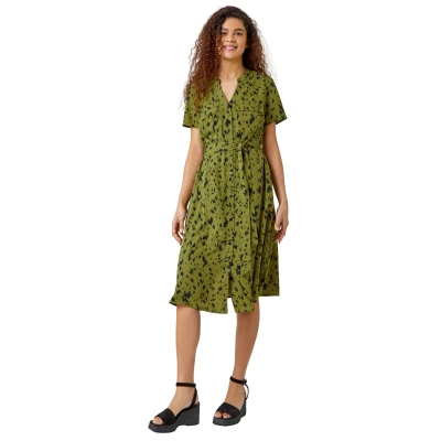 Image of Roman Originals Women Tropical Leaf Print Shirt Dress Ladies Spring Everyday Summer Holiday Collar Neck Soft Short Sleeve Button Down Gown Cruise Belt Vacation Olive Size 18