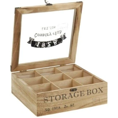 Image of 9 Compartment Wooden Tea Box with Glass Lid &amp; Clasp Lock Bag Storage Organiser