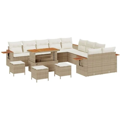 Image of vidaXL 14 Piece Garden Sofa Set with Cushions Beige Poly Rattan Acacia