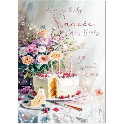 Image of doodlecards Fiancee Birthday Card Cake and Flowers Medium Size with Plain Envelope