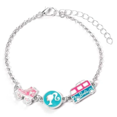 Image of Barbie™️ Charm Bracelet with three enameled fun Charms Silhouette, Skate, &amp; Camper van