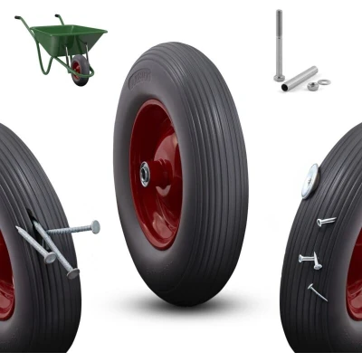 Image of Arebos Wheelbarrow wheel made of puncture proof PU solid rubber Tyre with steel rim 4.80/4.00 8 Spare axle Diameter 390 mm Yellow