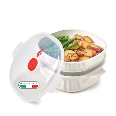 Image of Snips Microwave steamer with 2 Baskets 4 LT Meat, Fish and Vegetable Steamer, 26.5 x 22 13.5 cm for vegetables, White red 100% Made in Italy 0% BPA