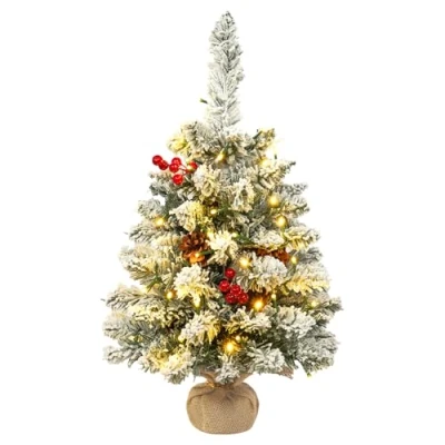 Image of Uten 2ft/60cm Snow Flocked Mini Christmas Tree, Artificial Tabletop Small Tree with 50 LED String Lights, 5 Groups Red Berries, 7 Pine Cones, Burlap Base for Desktop Decoration