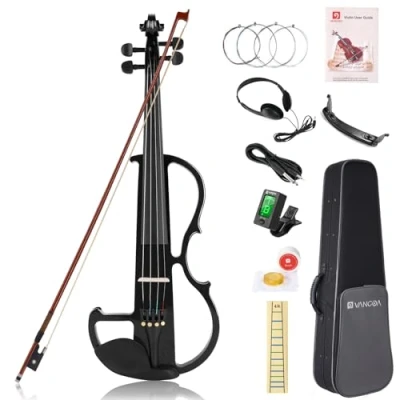 Image of Vangoa Full Size 4/4 Solid Wood Electric Silent Violin with Chin Rest, Ebony Fittings, Carrying Hard Case, Extra Strings, Audio Cable, Rosin, Upgraded Bow, Black