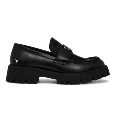 Image of Windsorsmith Womens Black Leather Platform Chunky Loafers Shoes Throne