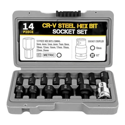 Image of 14 Piece 1/2 Inch Drive Low Profile Impact Driver Set 3 24mm Bit Socket Hexagon