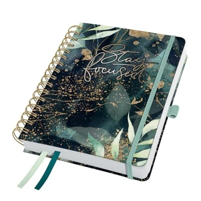 Image of SIGEL J5603 Jolie Spiral Diary 2025, Glamorous Leaves, 120 GSM, 16,8 x 21,5 cm, hardcover, 240 Pages, Black, Green, Gold