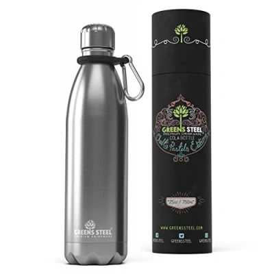 Image of Greens Steel Stainless Water Bottle 750ml, Silver Double Wall Vacuum Insulated Flask Carier Holder &amp; Gift Box Included Reusable, Leak Proof Sports for Adults Kids