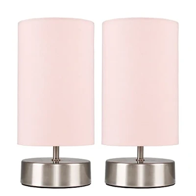 Image of Pair of Modern Chrome Touch Dimmer Bedside Table Lamp with Pink Cylinder Light Shades