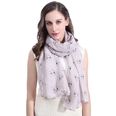 Image of Lina &amp; Lily French Bulldog Dog Print Large Scarf Lightweight (Beige)(Size: 180cm x 90cm)