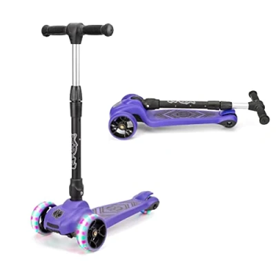 Image of Xootz Scout Tri Scooter, LED 3 Wheeled Light Up Scooter for Toddlers, Adjustable Bar Height and Foldable Kids, Girls Boys, ages 3+, Purple