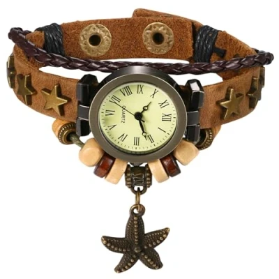 Image of JewelryWe Women Quartz Bracelet Watch: Fashion Weave Wrap Around Leather Wrist Watch Classic Bohemia