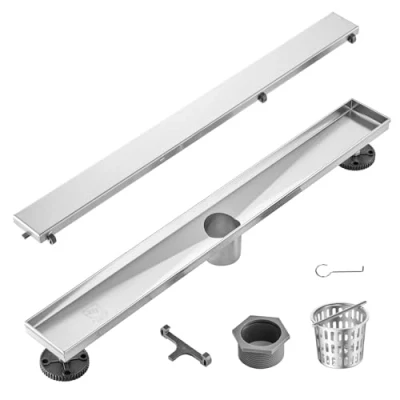 Image of VEVOR 610mm Linear Shower Drain Offset with Tile Insert Cover,Brushed 304 Stainless Steel Rectangle Floor Drain,Linear Leveling Feet,Hair Strainer Silver