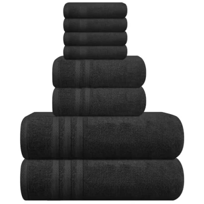 Image of WovenWonder 8 Piece Bale Towel Set 100% Egyptian Cotton 2 Bath Towels, Hand 4 Face Towels Super Soft Quick Absorbent Hotel Spa Bathroom (Black)