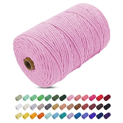 Image of Uiopa Macrame Cord 3mm x 200m, Thick Rope Yarn Soft Natural Cotton Cord, Coloured 4 Ply String for DIY Craft, Plant Hangers, Wall Hanging, Christmas Decorations (Pink)