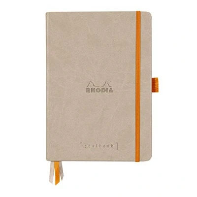 Image of RHODIA 118775C Bullet Journal Goalbook Rigid Notebook Beige A5 Dotted Dot 240 pages 90g Ivory Clairefontaine Paper 3 Ribbons, Elastic Closure Faux Leather Cover