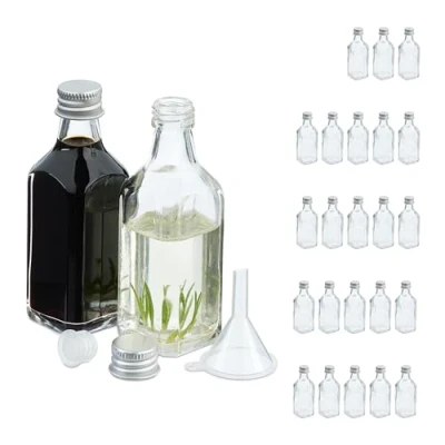 Image of Relaxdays Small, Set of 25, 50 ml, Glass Bottles for Filling, Liqueur, Oil, Screw Cap &amp; Cork, Transparent/Silver, Iron, 10 x 3.5 cm