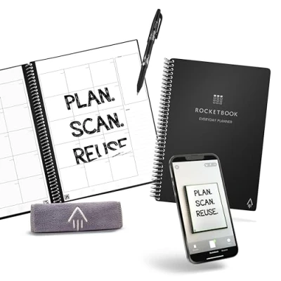 Image of Rocketbook Reusable Everyday Planner Daily, Weekly, Monthly with Pilot Fixion Pen and Microfiber Cloth Included Black Cover, Executive Size PLN2 E K A