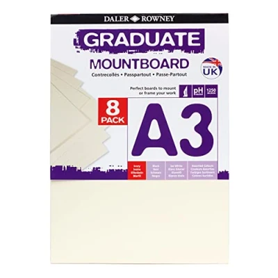 Image of Daler Rowney Graduate 1.25mm Thick A3 Cream Core Smooth Surface Mountboard Pack, 8 Ivory Boards, Ideal for Students and Displays