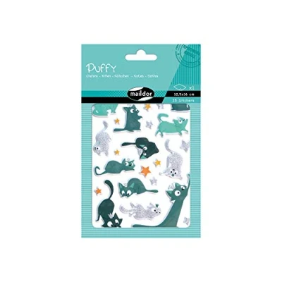 Image of Maildor Ref AE153C Puffy Stickers (Single Sheet) 10.5 x 16cm Stars &amp; Kitten Designs 25 Total, Sparkly Glittery 3D Effect