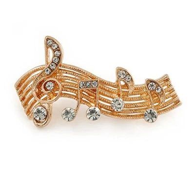 Image of Avalaya Clear Crystal Musical Notes Brooch in Gold Tone Metal 42mm