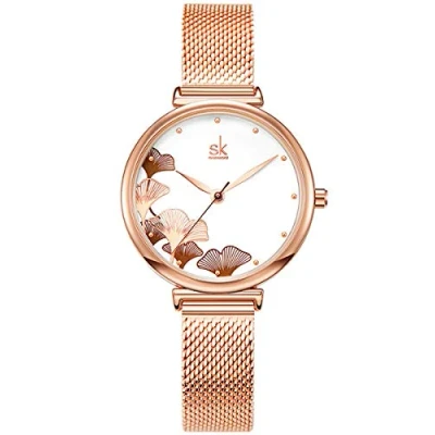 Image of Alienwork Women&#039;s Watch Rose Gold Metal Mesh Strap White Elegant