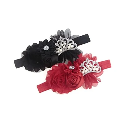 Image of Nishine Baby Christening Headband Toddler Girls Fabric Flower Tiara Stretchy Elastic in Pairs (Child, Red/Black)