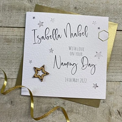 Image of WHITE COTTON CARDS PERSONALISED NAMING DAY any relation WOODEN STAR DESIGN (P22 76 &amp; XP22 76)