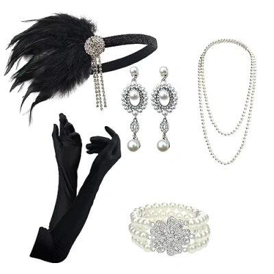 Image of DRESHOW 1920s Accessories Sets Flapper Costume Gatsby Feather Headband Long Necklace Black Gloves