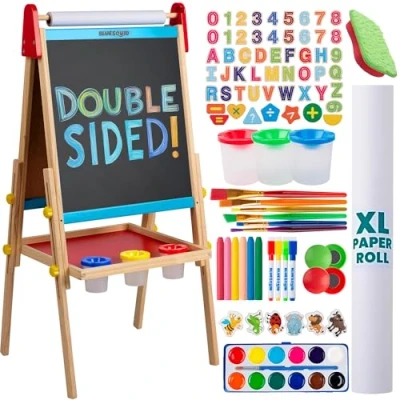 Image of Blue Squid Art Easel for Kids Double Sided Adjustable Wooden Painting Easels with Magnetic Chalk Board, Whiteboard, Paper Roll Including 100+ Accessories, Ideal Toddlers &amp; Children 3 to 12