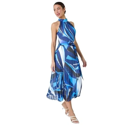 Image of Roman Originals Halterneck Pleated Dress for Women UK Ladies Maxi Midi Sleeveless Formal Wedding Guest Bridemaids Cocktail Party Special Occasion Ascot Races Going Out Evening Navy Multi Size 18