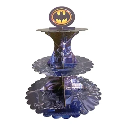 Image of AEX 3 Tier Cake Stands for Afternoon Tea, Biodegradable Cupcake Stand Cardboard, Round Dessert Tower Party, Birthday, Anniversary, Wedding (Batman)