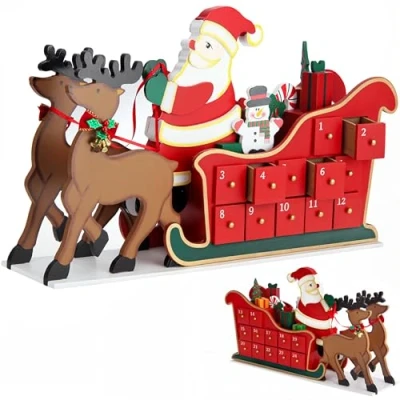 Image of Spielwerk® Traditional Wooden Christmas Advent Calendar 24 Days Of Gifts Behind Wood Doors Reusable Countdown For Kids and Adults Santa&#039;s Sleigh
