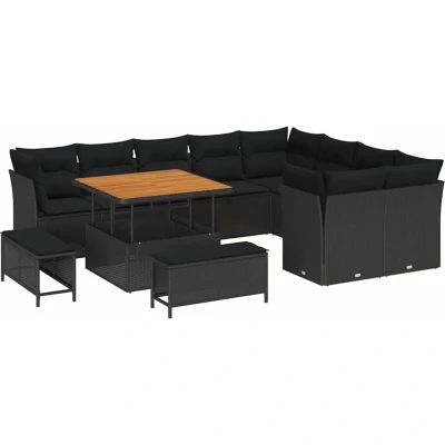 Image of vidaXL 12 Piece Garden Sofa Set with Cushions Black Poly Rattan Acacia