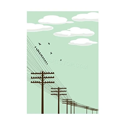 Image of Wee Blue Coo Painting Illustration Flock Birds Telegraph Poles Wire Wall Art Print